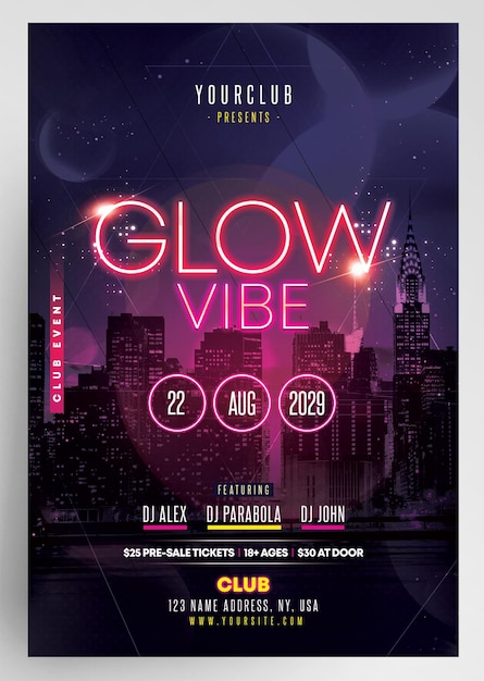 PSD glow neon vibe dj party event flyer template