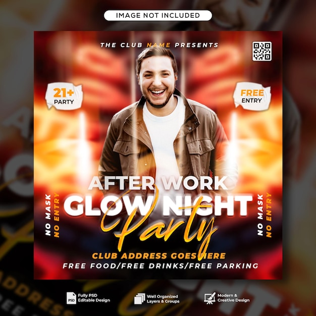 Glow night Club dj party flyer social media post and web banner template