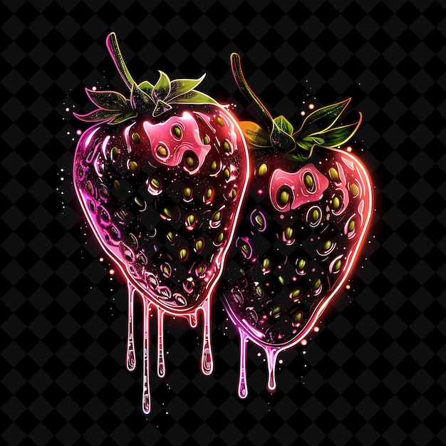 PSD glowing chocolate covered strawberries arranged with fragmen neon color food drink y2k collection