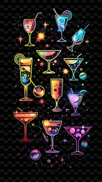 Glowing Cocktail Glasses and Party Elements Scattered Cockta Y2K Texture Shape Background Decor Art