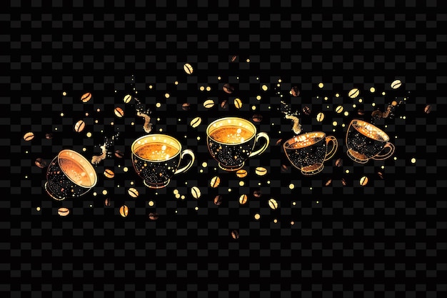 Glowing Coffee Cups and Beans Scattered and Stacked Coffee R Y2K Texture Shape Background Decor Art