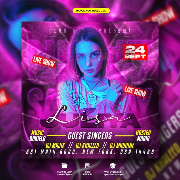 Glowing dj night party social media web banner template