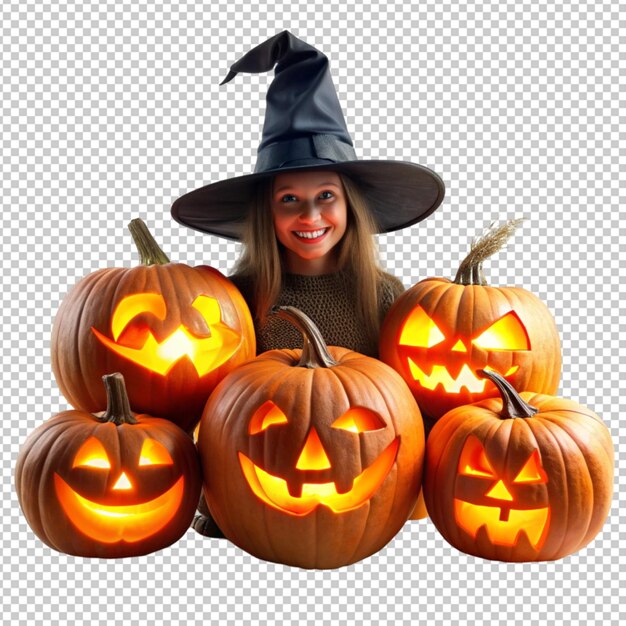 PSD glowing halloween pumpkin with witch isolated on transparent background