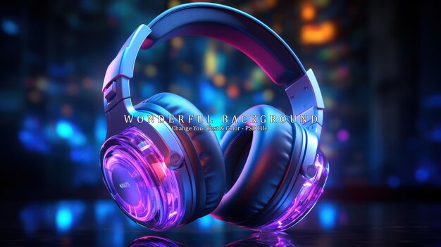 PSD glowing headphone neon on dark background 3d rendering ar 169 stylize 750 v 52 job id 13f293d1a37d4e2190c73c30ea2ac099