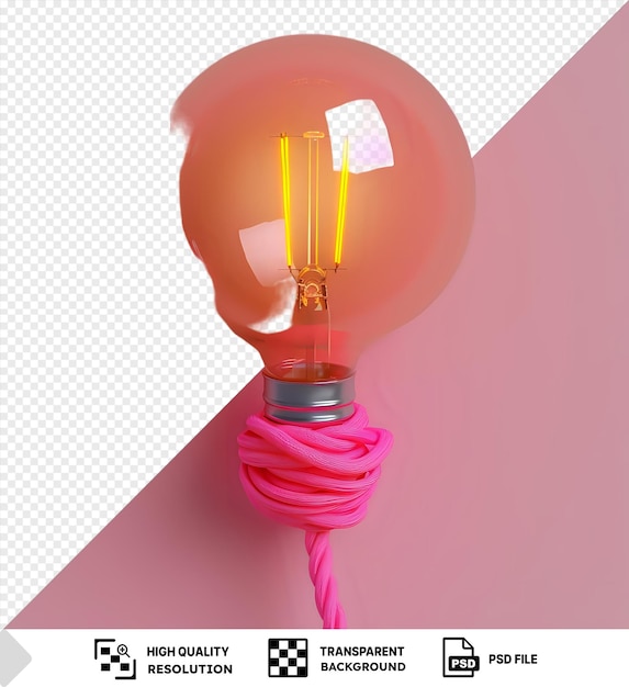 PSD glowing light bulb wrapped in pink rope against a transparent background