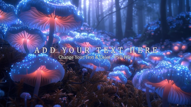 PSD glowing mushrooms in a mystical forest