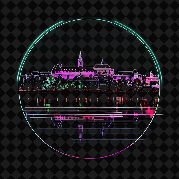 PSD glowing neon bratislava skyline inside a silhouette circle l png y2k monoline cityscape collage art