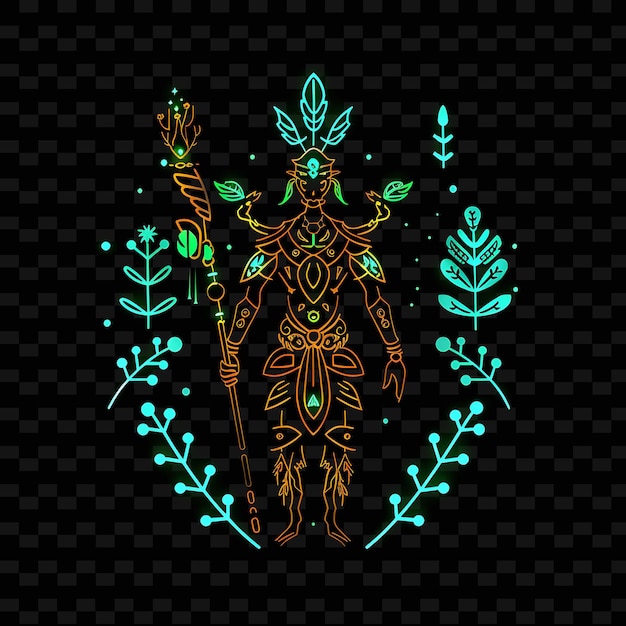 PSD glowing neon light of a forest guardian with a staff with ne png creative neon line art designs