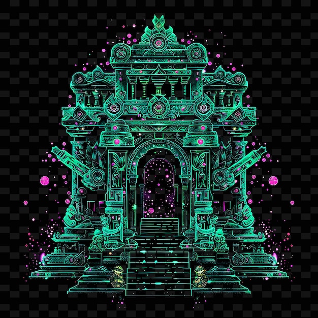 PSD glowing neon particles shaping an ancient temple with neon j png creative neon line art designs