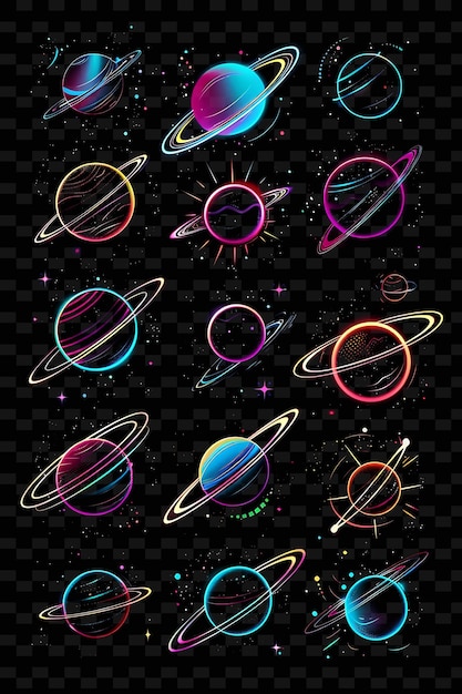 Glowing Neon Planets Orbiting Planetary Collage Effect With Y2K Texture Shape Background Decor Art