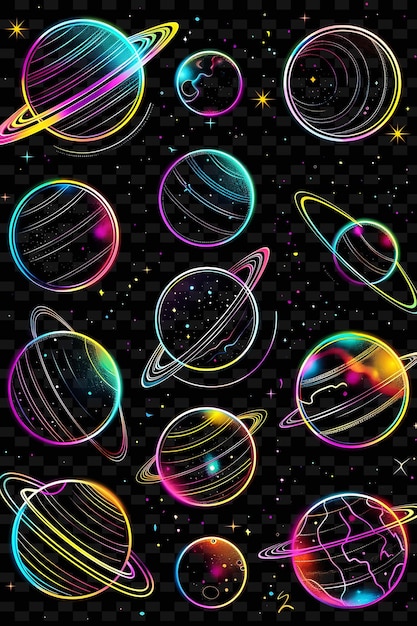 Glowing Neon Planets Orbiting Planetary Collage Effect With Y2K Texture Shape Background Decor Art