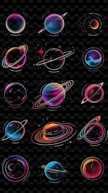 Glowing Neon Planets Orbiting Planetary Collage Effect With Y2K Texture Shape Background Decor Art