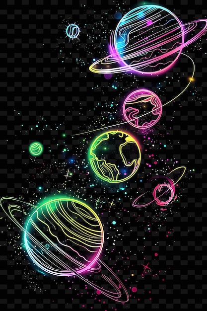 Glowing Neon Planets Orbiting Planetary Collage Effect With Y2K Texture Shape Background Decor Art