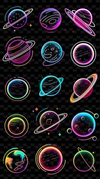 Glowing Neon Planets Orbiting Planetary Collage Effect With Y2K Texture Shape Background Decor Art