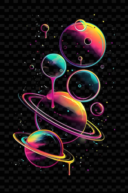 Glowing Neon Planets Orbiting Planetary Collage Effect With Y2K Texture Shape Background Decor Art