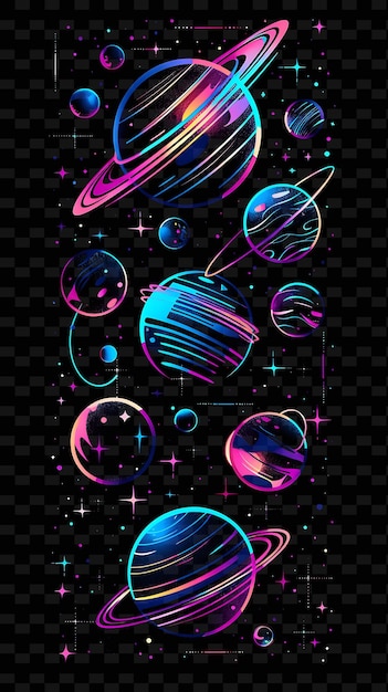 Glowing Neon Planets Orbiting Planetary Collage Effect With Y2K Texture Shape Background Decor Art