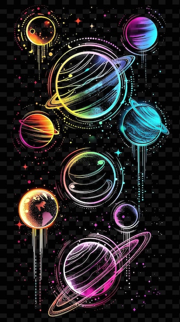 Glowing Neon Planets Orbiting Planetary Collage Effect With Y2K Texture Shape Background Decor Art