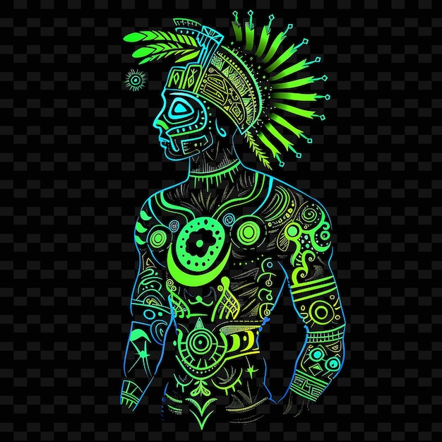 PSD glowing neon tattoos of a tribal warrior with neon vibrant g png creative neon line art designs