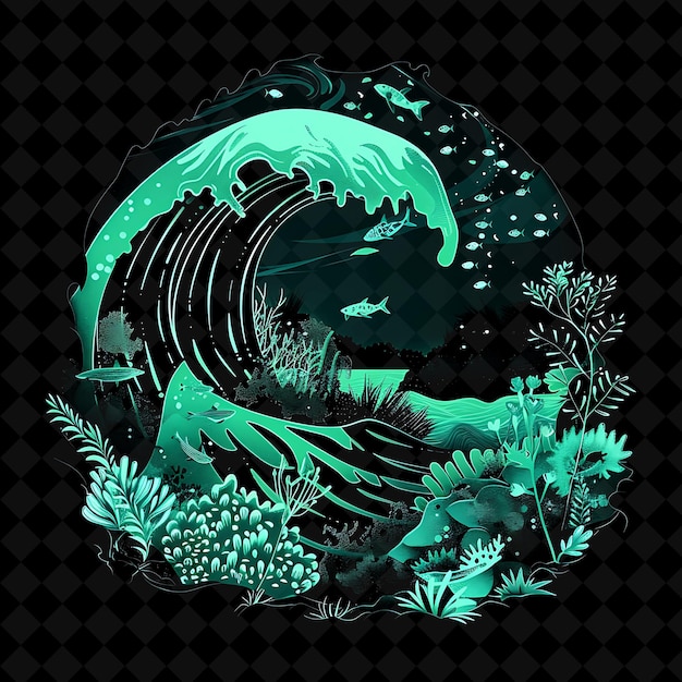 Glowing Neon Underwater Forest Inside a Silhouette Wave Land PNG Neon Artistic Landscape