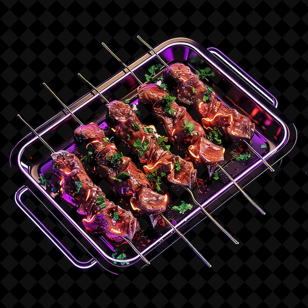 PSD glowing neon waves spicy meat skewers sosatie in a sleek sta png neon food decor y2k collection