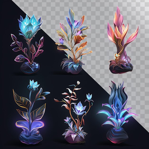 PSD glowing plant badges stickers in realistic 2d game art