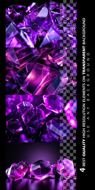 Glowing purple glass transparent pentagons geometric art on transparent background