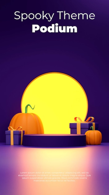 Glowing yellow background purple podium in portrait 3d rendering halloween mockup scene with gift bo