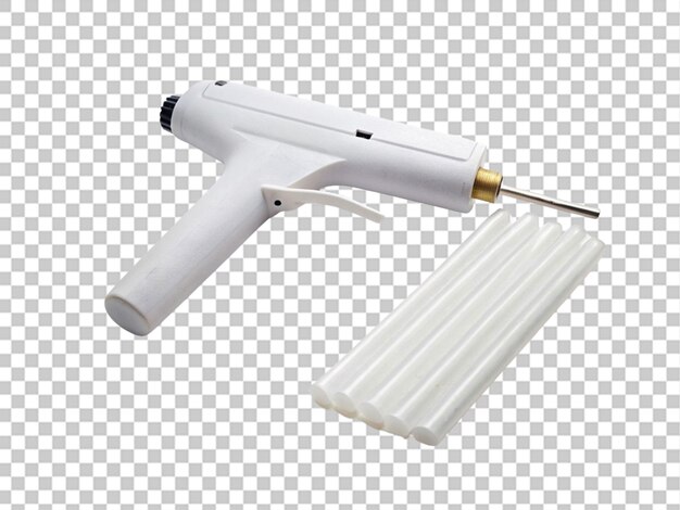 glue gun with white plastic body and silver glue on transparent background