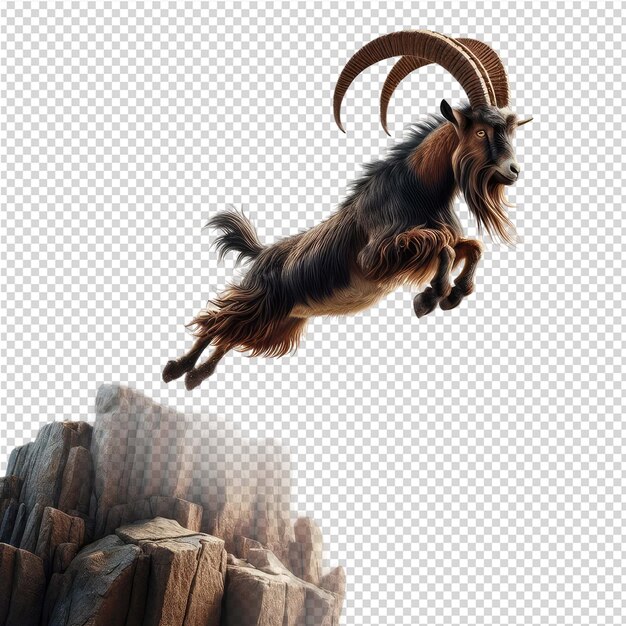 PSD a goat jumping over a mountain with a mountain in the background