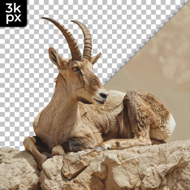 PSD a goat laying on a rock with a triangle in the background