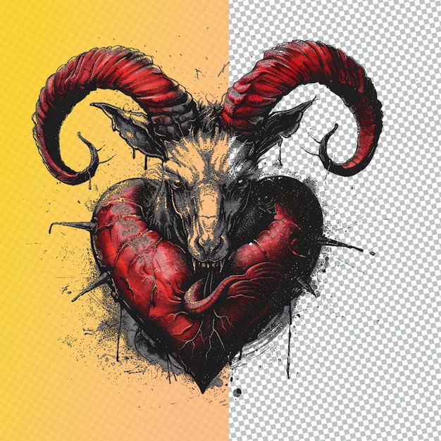 PSD a goat with a red face and horns has a black face and a red and yellow background