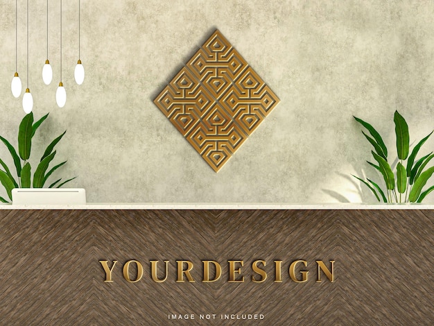 Gold 3d logo mockup on the cement wall and wood reception desk