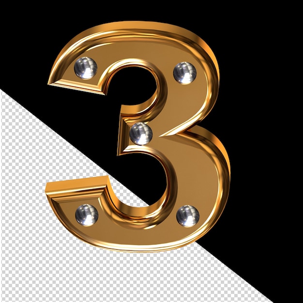 PSD gold 3d symbol with metal rivets number 3