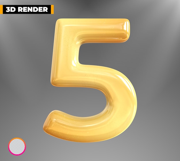 Gold 5 Number 3d rendering isolated on transparent background