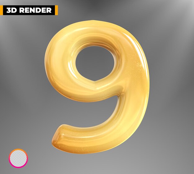 Gold 9 Number 3d rendering isolated on transparent background