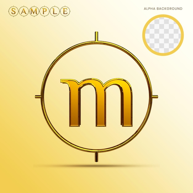 Gold Alphabet Lowercase m with ring 3D