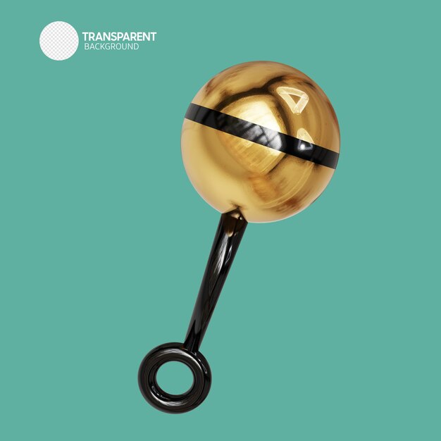 A gold ball with a black handle and a white circle with the word transparent on it.