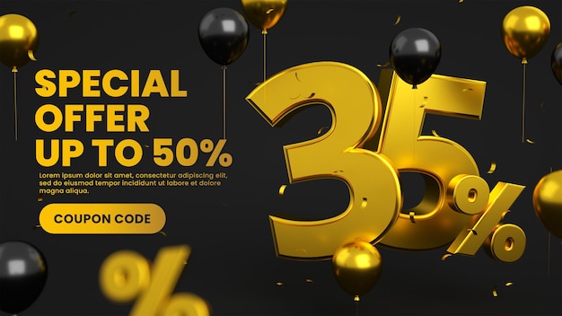 Gold and black big flash mega super sale post banner with 35 percent discount special offer