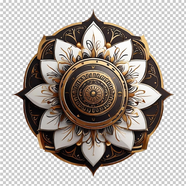 a gold and black design with a flower on it