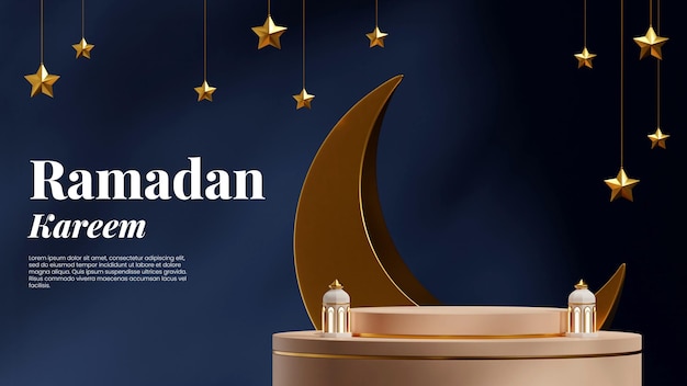 gold brown podium in landscape moon, stars, and lamp ramadan kareem, rendering 3d blank mockup