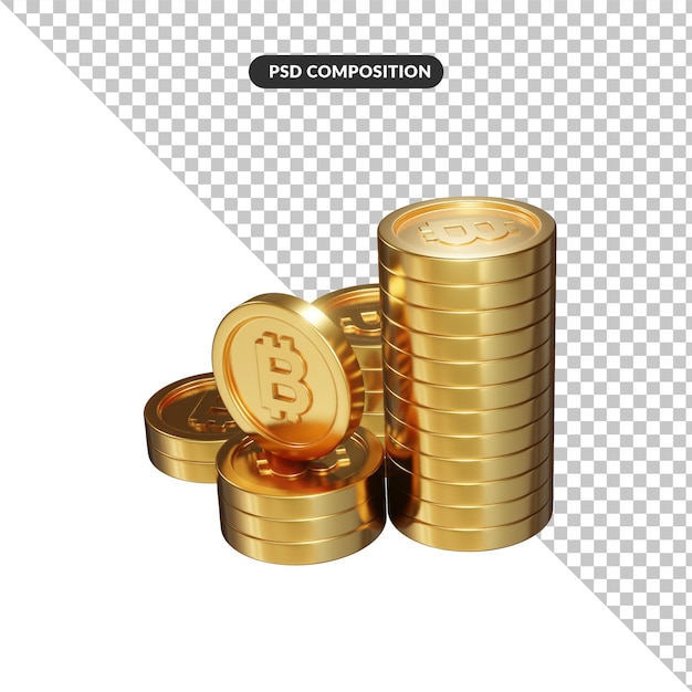 Gold bulk bitcoin coin 3d rendering isolated