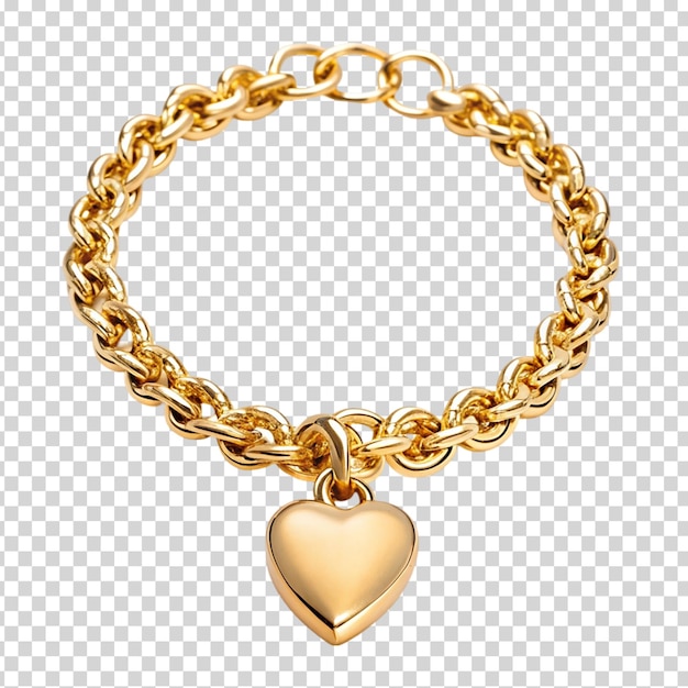 A gold chain bracelet with a heart charm on transparent background