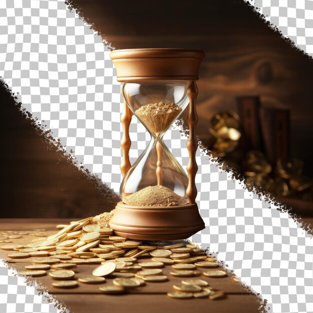 PSD gold coins falling from wooden hourglass on a transparent background