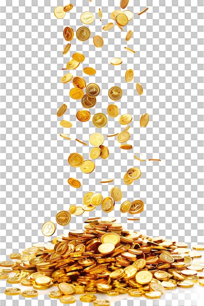 PSD gold coins falling onto a pile isolated against a transparent background