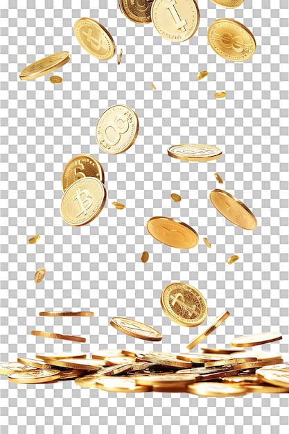 PSD gold coins falling onto a pile isolated against a transparent background