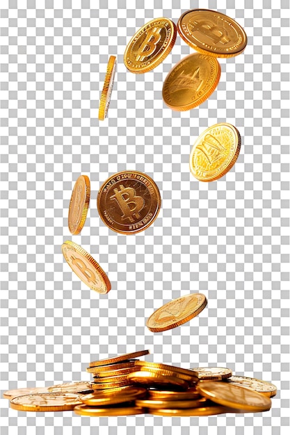 gold coins falling onto a pile isolated against a transparent background