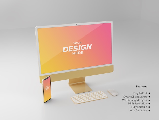 Gold Color Desktop Screen and Rose Gold  Smart Phone Screen Editable Mockup