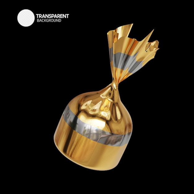 A gold colored candy with the word transparent on it