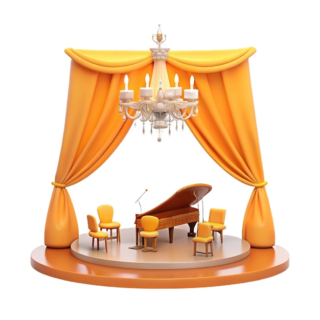 PSD a gold curtain is on a table with a piano on it