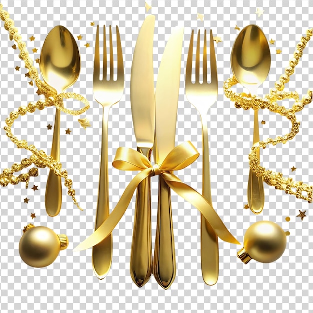 PSD gold cutlery and ribbon decoration isolated on white background